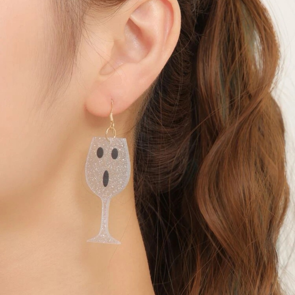 👻 Awesome Glitter Wine Ghost Face Wine Glass Drop Earrings 🍷